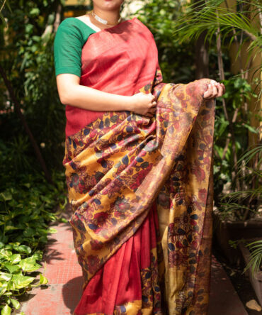 red munga Silk Floral Digital Print Saree