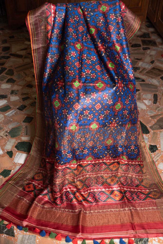 Purple Multicolor ajrakh patolaTussar Digital Printed Saree