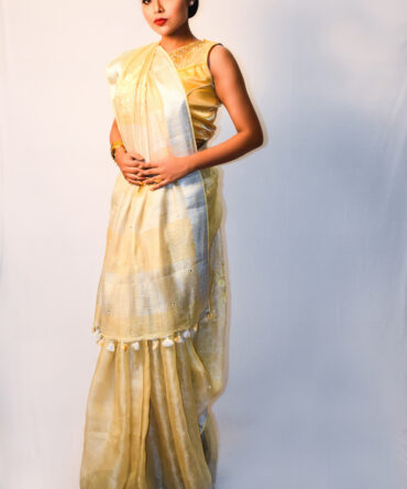 Solid Cream Silver Tissue Linen Saree