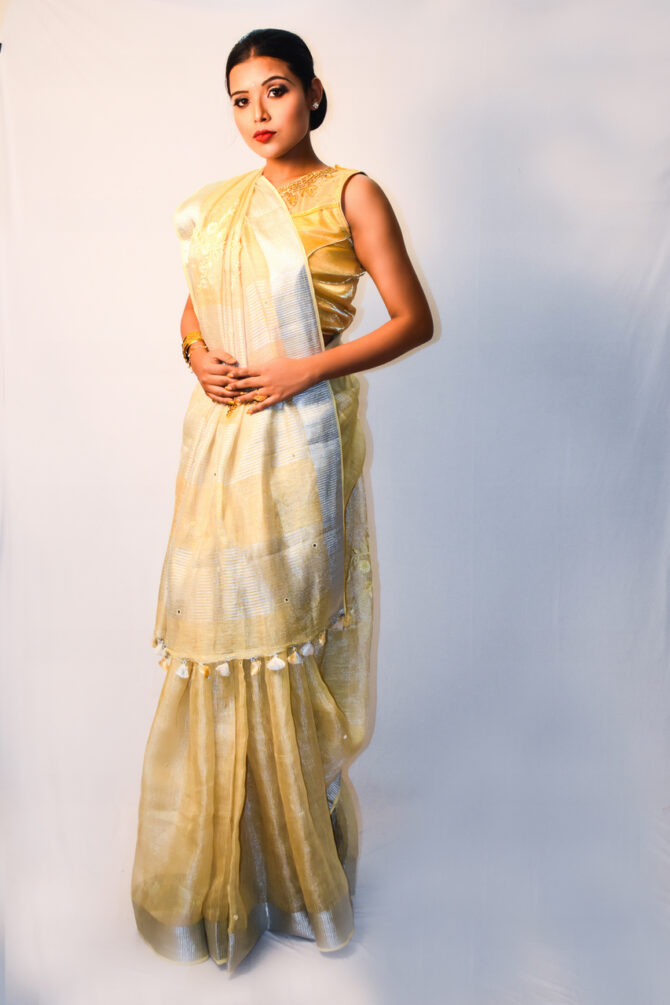 Solid Cream Silver Tissue Linen Saree