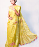 Yellow Pink Hand Embroidered Floral Print Tissue Linen Saree