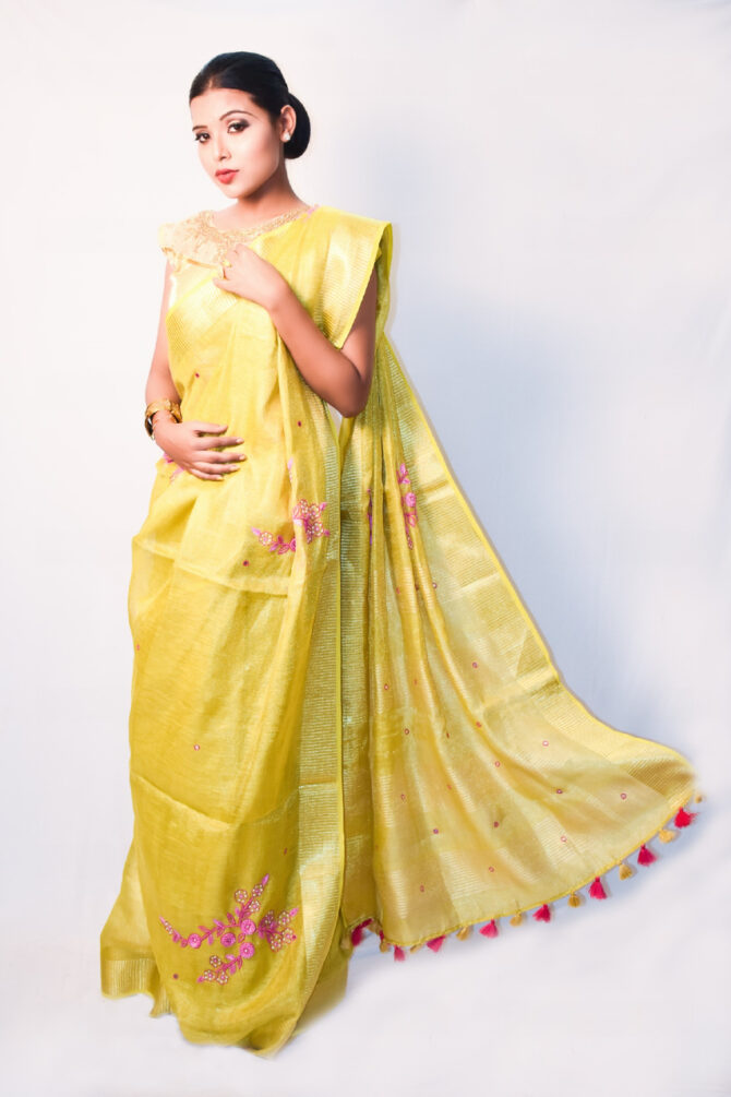 Butter Yellow Pink Embroidrey Floral Tissue Linen Digital Print Saree