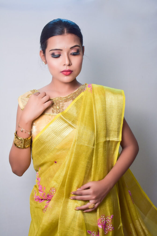 Butter Yellow Pink Embroidrey Floral Tissue Linen Digital Print Saree