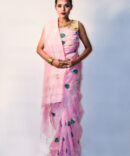 Pink And Green Hand Embroidery Silk Linen Saree