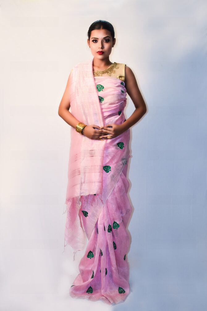 Cotton Candy Pink Leaf Embroidrey Silk Linen  Saree