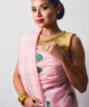 Cotton Candy Pink Leaf Embroidrey Silk Linen  Saree