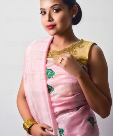 Cotton Candy Pink Leaf Embroidrey Silk Linen  Saree