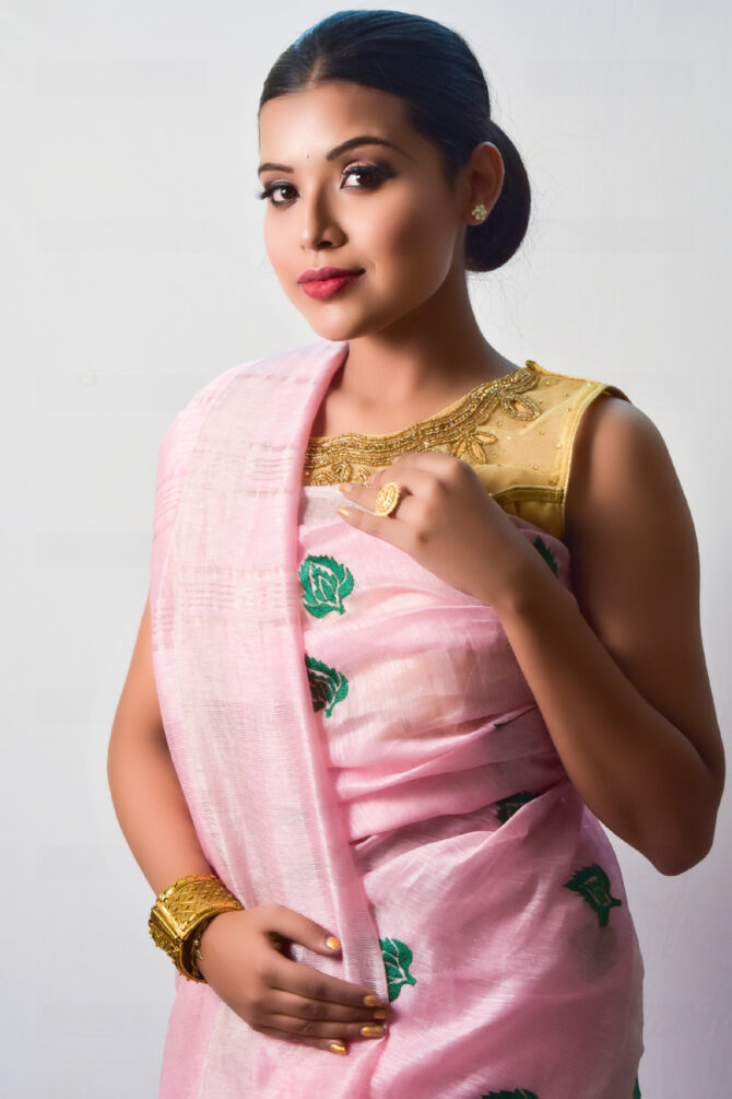 Cotton Candy Pink Leaf Embroidrey Silk Linen  Saree