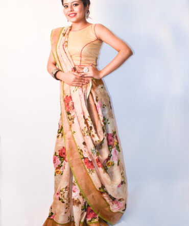 Beige Floral Pure Linen   Saree