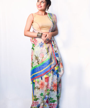 White Multicolor Floral  Pure Linen  Saree