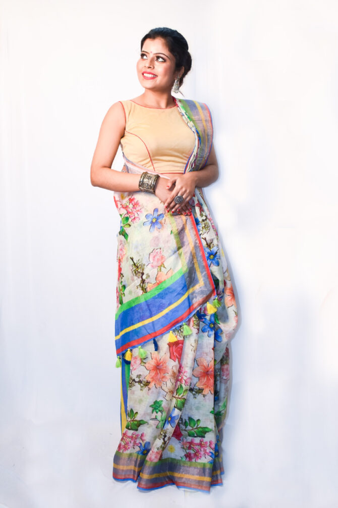 White Multicolor Floral  Pure Linen  Saree