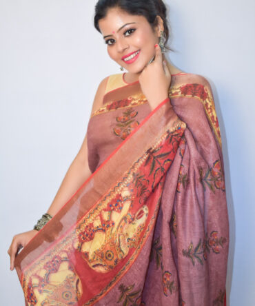 Rose Vale Red Kalamkari Linen Digital Print Saree