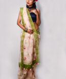 Offwhite and Green Floral Pure Linen  Saree