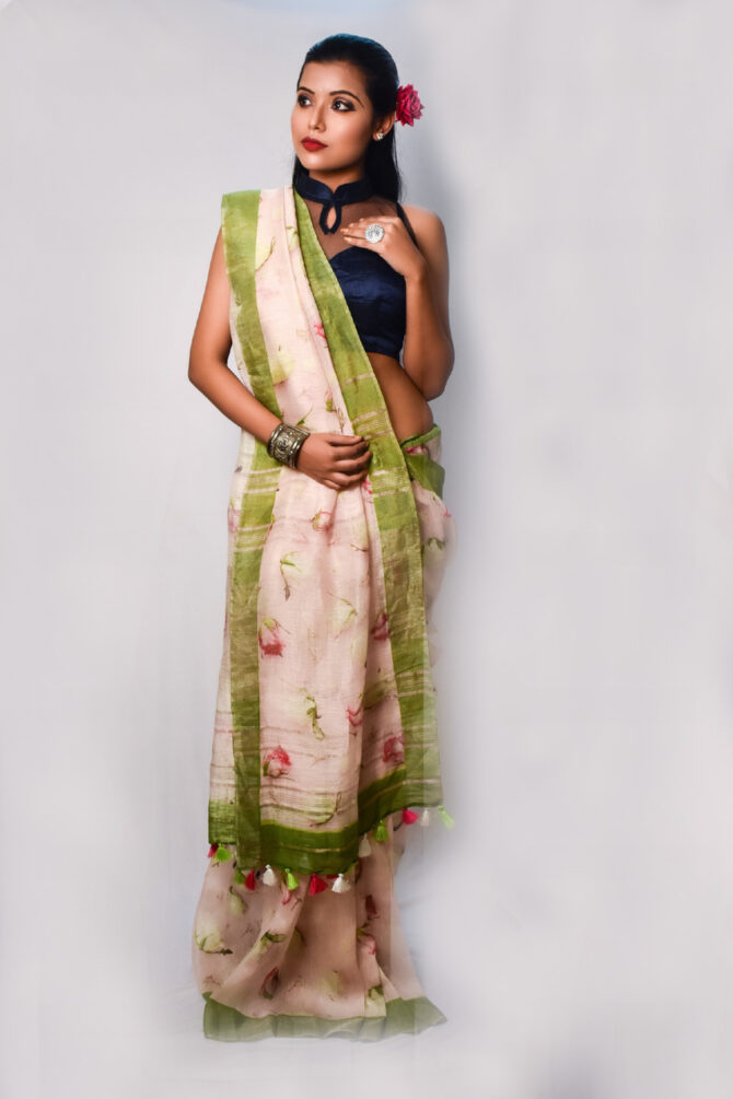 Lavender Blush White Floral Silk Linen Digital Print Saree