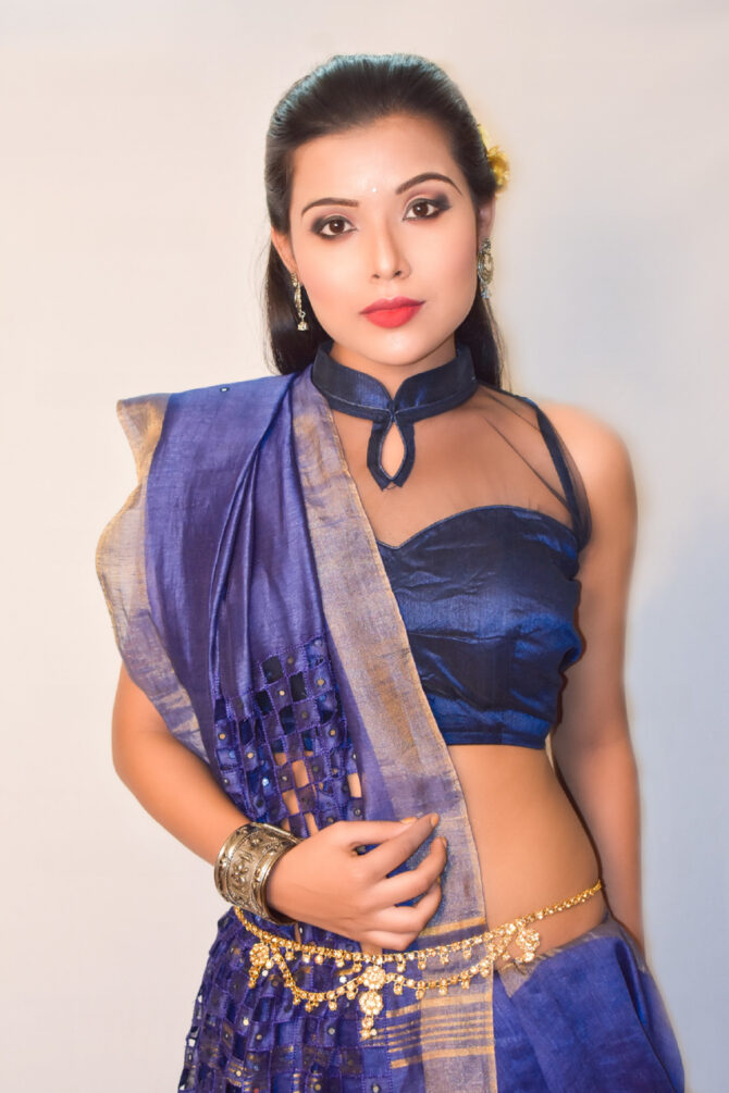 Midnight Blue Cut Work Embroidrey Silk Linen Saree