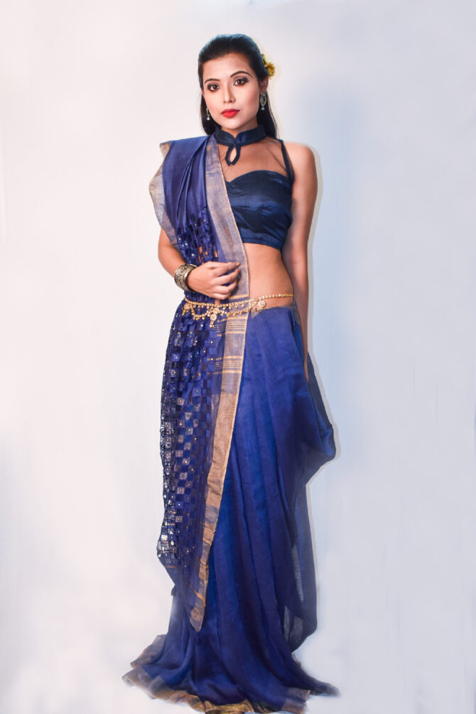 Midnight Blue Cut Work Embroidrey Silk Linen Saree