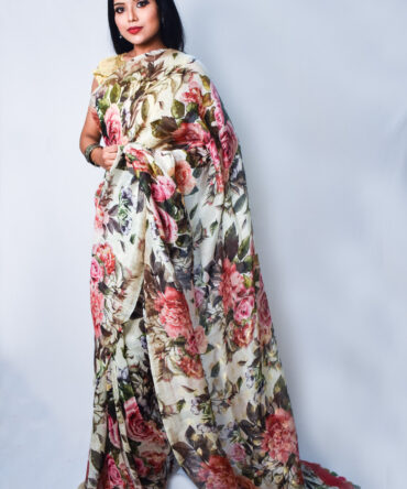 White Floral Pure Linen Saree