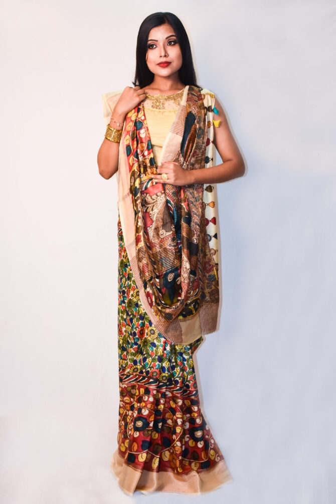Multicolour Tussar Silk Kalamkari Digital Print Saree