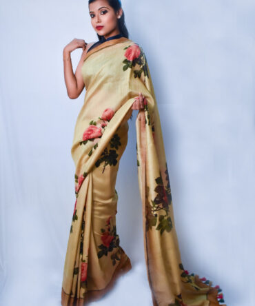 Beige Floral Print Moonga Silk Saree