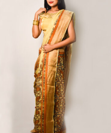 Golden Kalamkari Pure Linen  Saree
