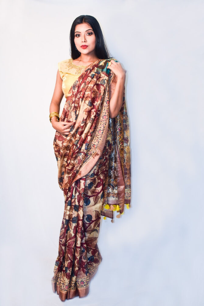 Multicolour Kalamkari Linen Digital Print Saree