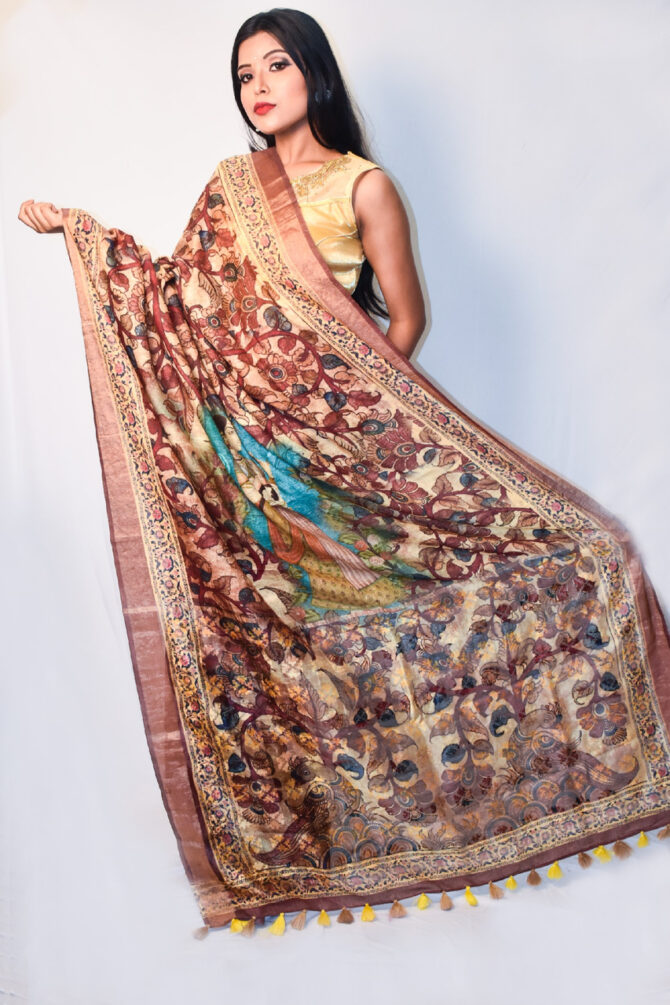 Multicolour Kalamkari Linen Digital Print Saree