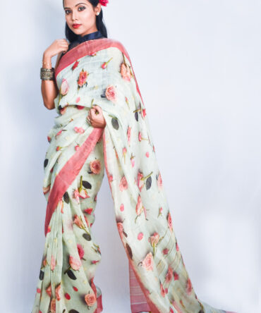 Chetwode Green Floral Linen Digital Print Saree