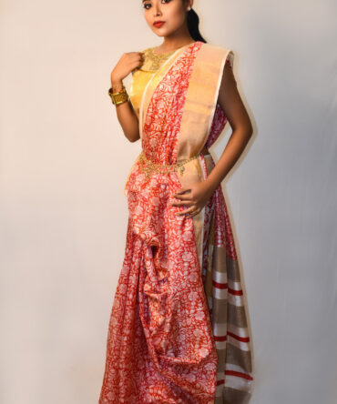 Orange And Beige Floral Silk Linen Saree
