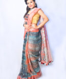 Navy Blue and Peach Geometric Pure linen Saree