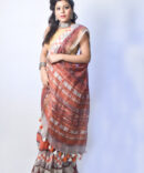 Grey And Orange Geometric Pure  linen Saree