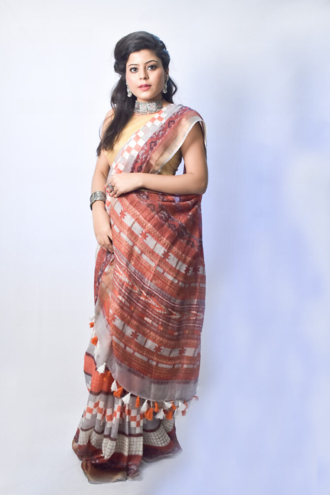 Coral Orange Stripped Linen Digital Print Saree