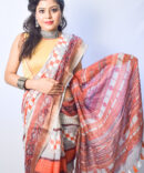 Coral Orange Stripped Linen Digital Print Saree