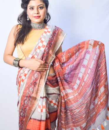 Coral Orange Stripped Linen Digital Print Saree