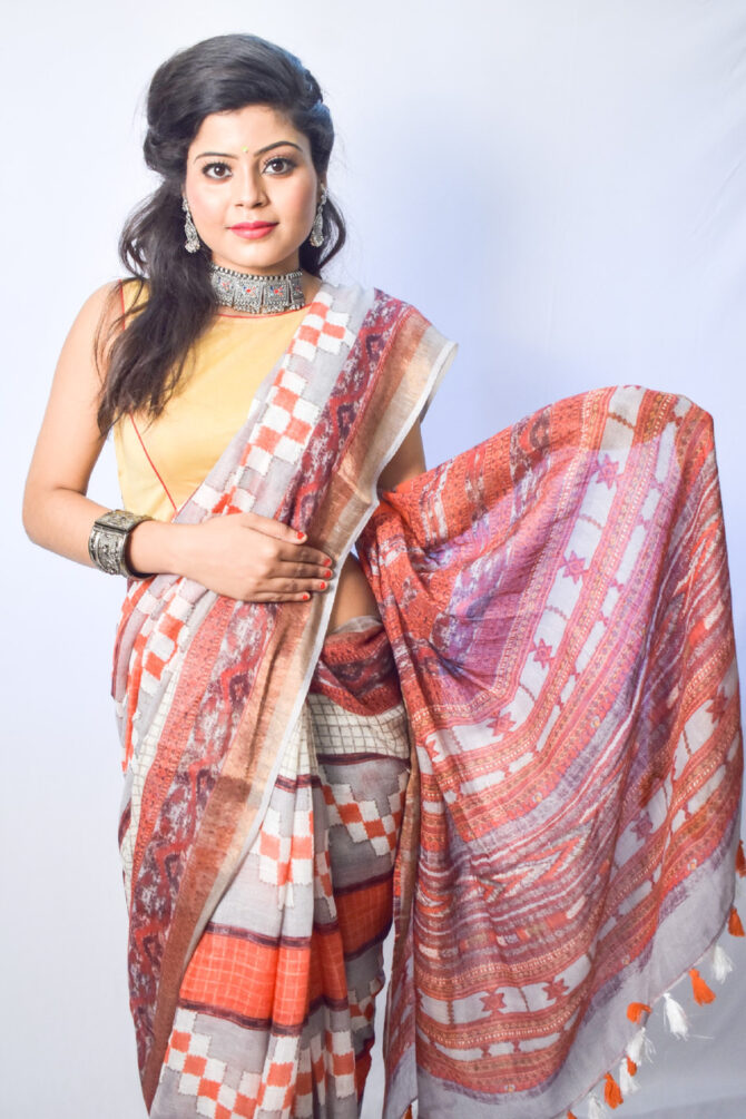 Coral Orange Stripped Linen Digital Print Saree