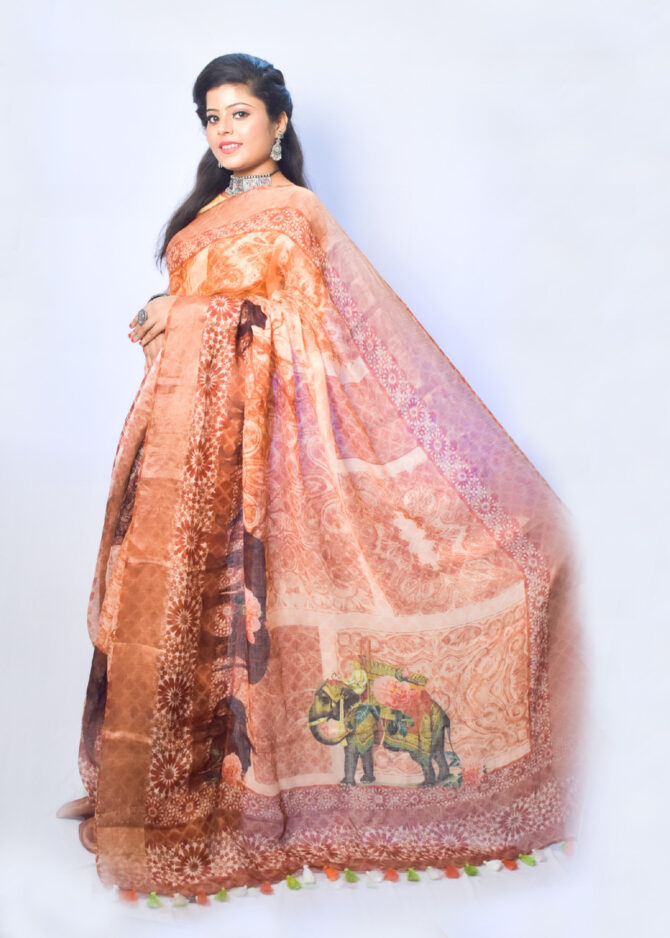 Coral Orange Kalamkari Linen Digital Print Saree