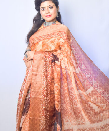 Coral Orange Kalamkari Linen Digital Print Saree