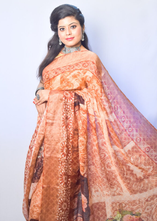 Coral Orange Kalamkari Linen Digital Print Saree