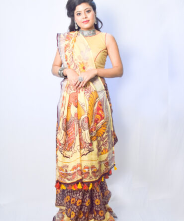 Light Yellow Kalamkari Peacock Print Linen Digital Print Saree