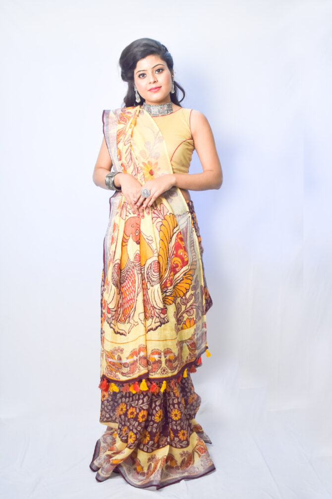 Light Yellow Kalamkari Peacock Print Linen Digital Print Saree
