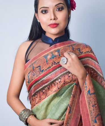 Swamp Green Floral Silk Linen Digital Print Saree