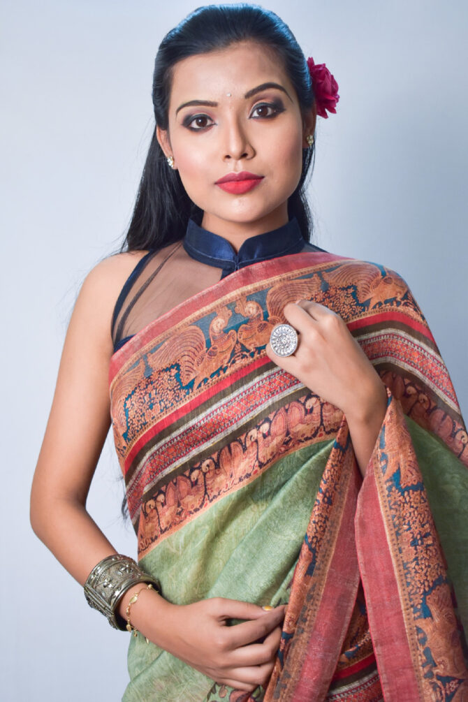 Swamp Green Floral Silk Linen Digital Print Saree