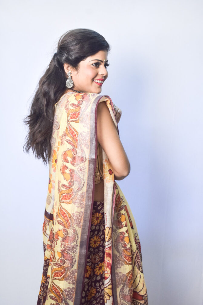 Light Yellow Kalamkari Peacock Print Linen Digital Print Saree