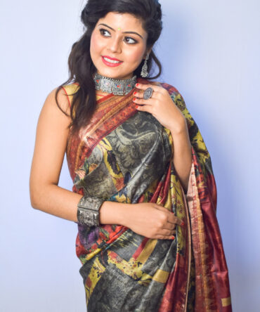 Rifle Green Kalamkari Tussar Silk Digital Print Saree