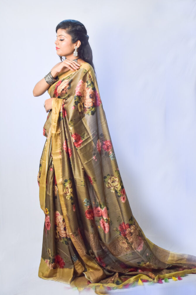 Olive Green Floral Tussar Silk Digital Print Saree