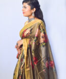 Olive Green Floral Tussar Silk Digital Print Saree