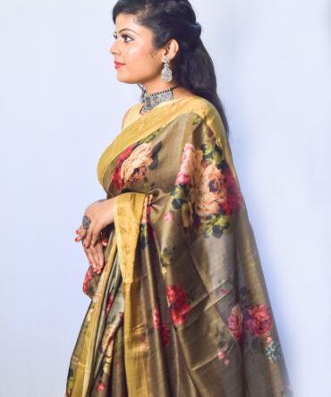 Olive Green Floral Tussar Silk Digital Print Saree