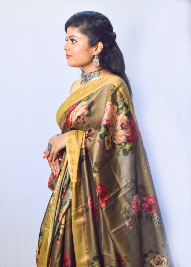 Olive Green Floral Tussar Silk Digital Print Saree