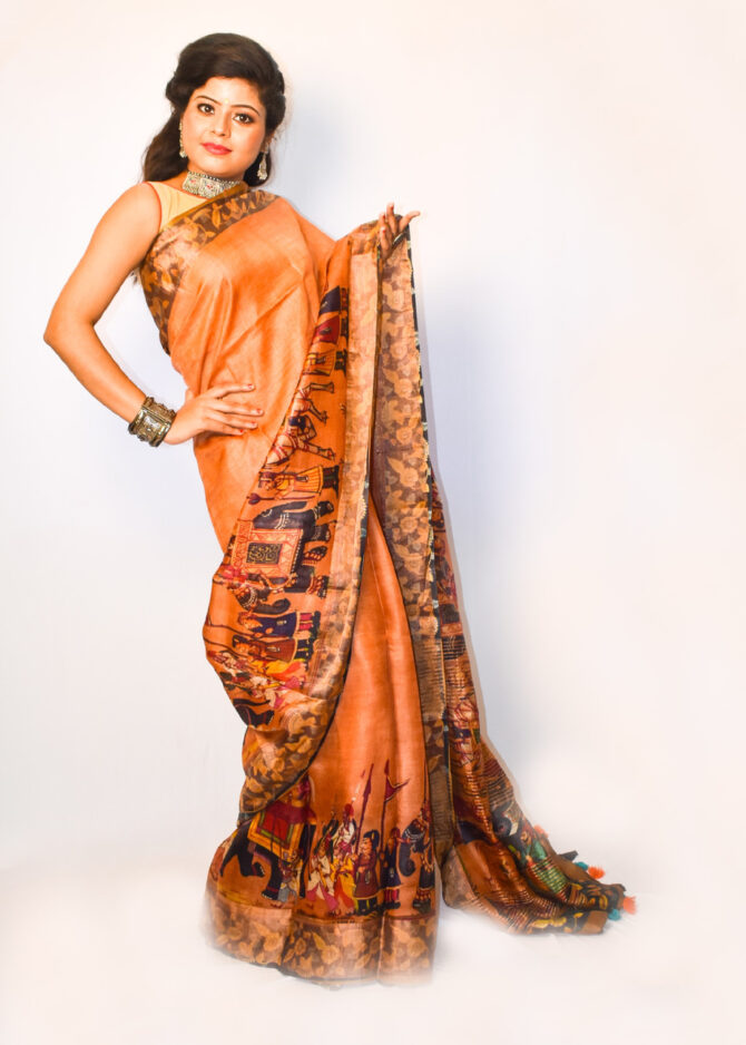Orange Kalamkari Pure Linen Saree