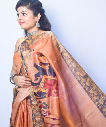 Orange Kalamkari Tussar Silk Digital Print Saree