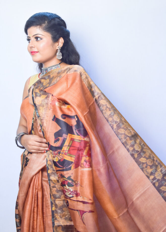 Orange Kalamkari Pure Linen Saree